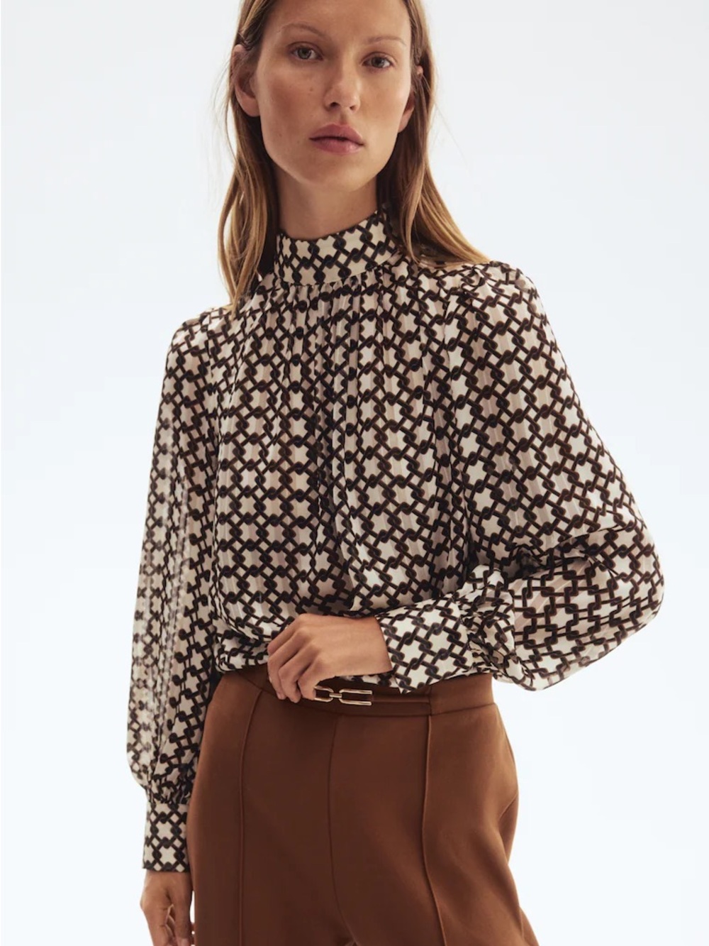 H&M Brown and Cream Floral-Print Long Sleeve Shirt